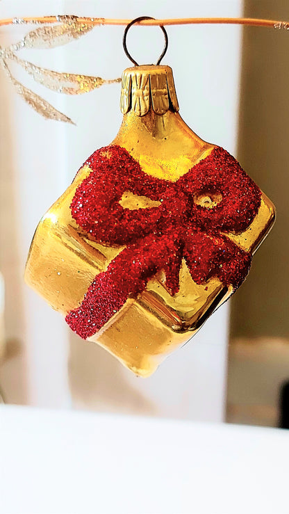 Vintage Czech Republic, Glass Blown, Hand Painted Christmas Tree Ornament - Present