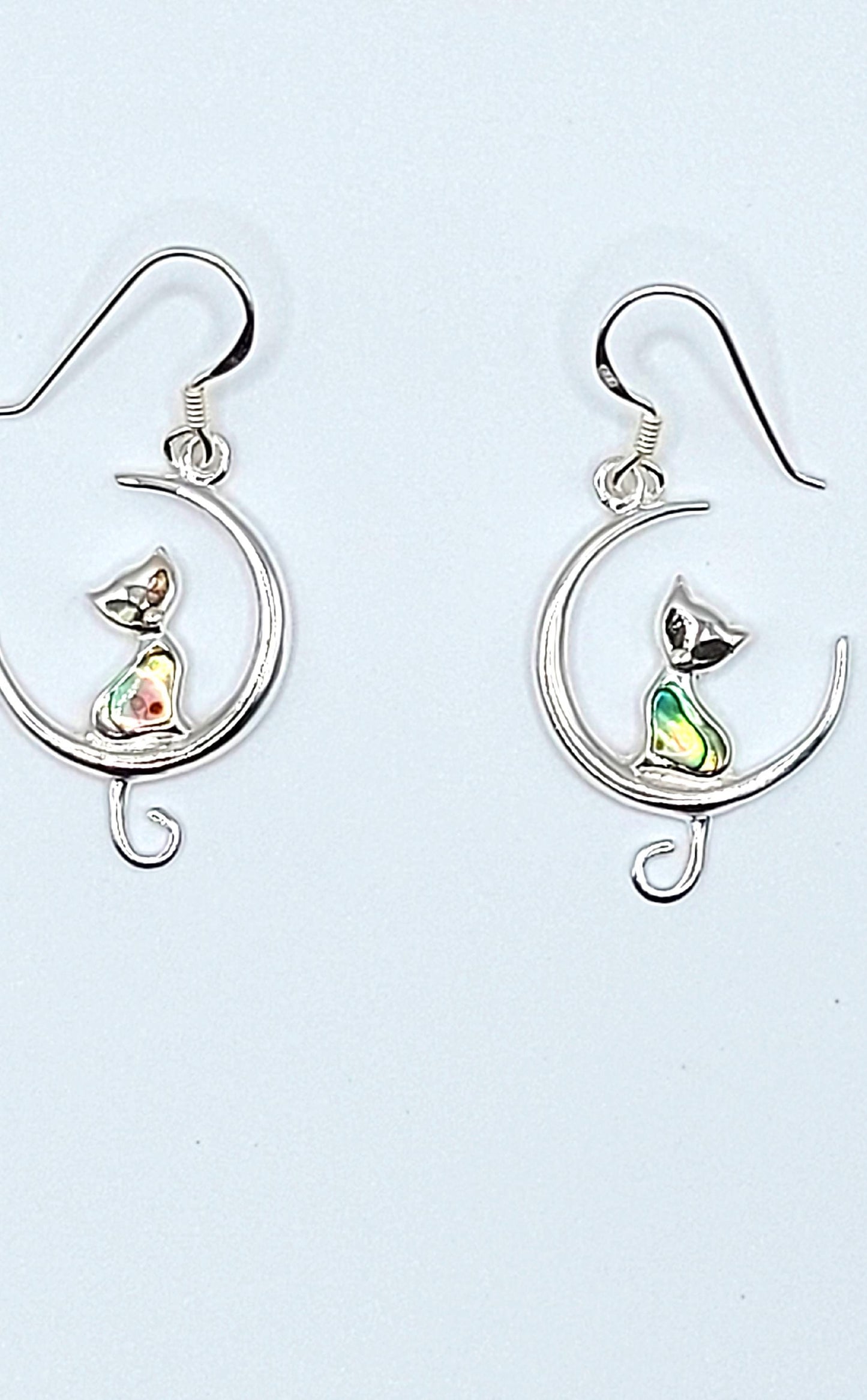 Silver Handmade Inlay Earrings Semi Precious Abalone Shell- Cat on Moon
