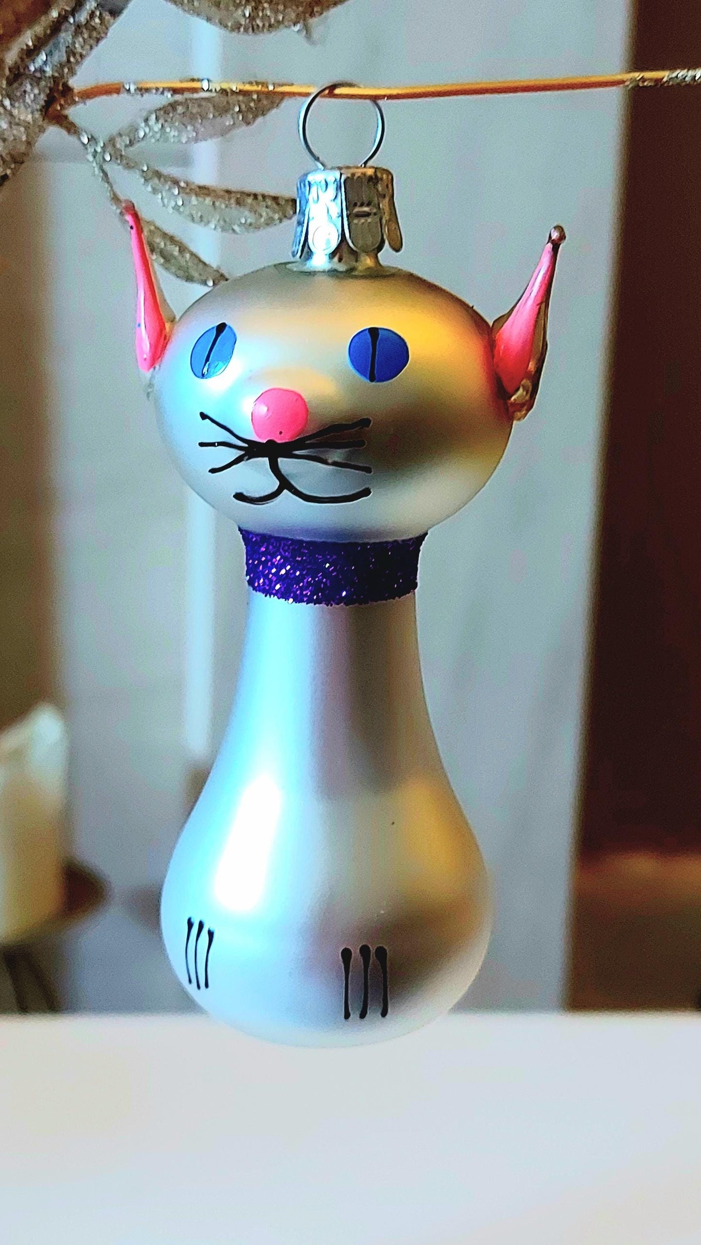 Vintage Czech Republic, Glass Blown, Hand Painted Christmas Tree Ornament - Silver Cat