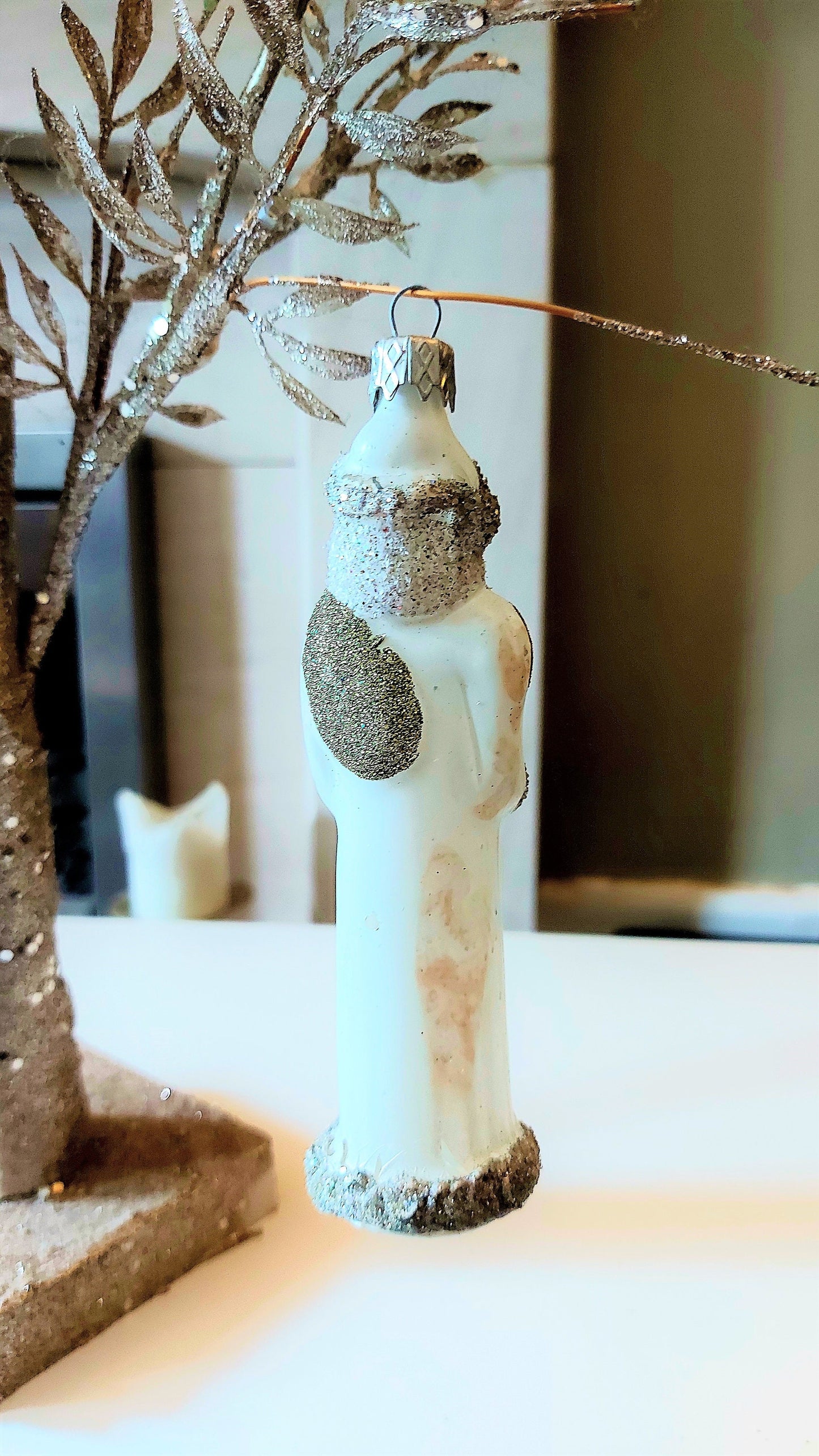 Vintage Czech Republic, Glass Blown, Hand Painted Christmas Tree Ornament - Thin Santa White (reduced)