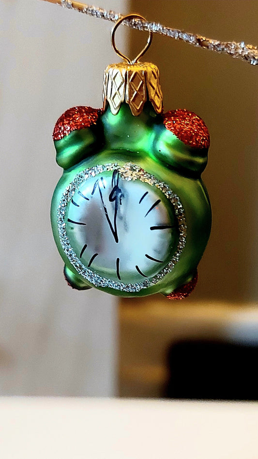 Vintage Hand-Painted Glass Alarm Clock Christmas Ornament - Czech Republic (Pair)