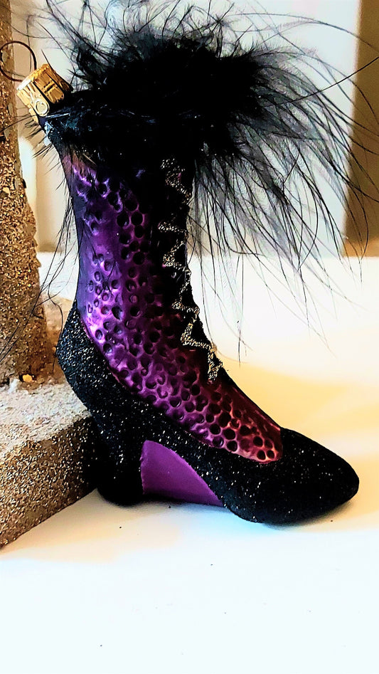 Czech Republic, Glass Blown, Hand Painted Christmas Tree Ornament - Boot Purple