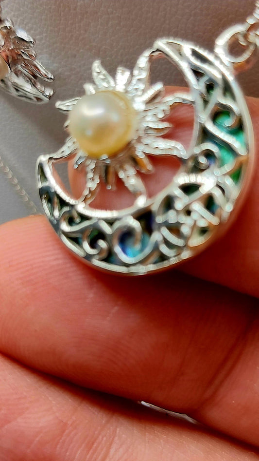 Silver Handmade Inlay Pendant Semi Precious Abalone Shell- Moon/Sun