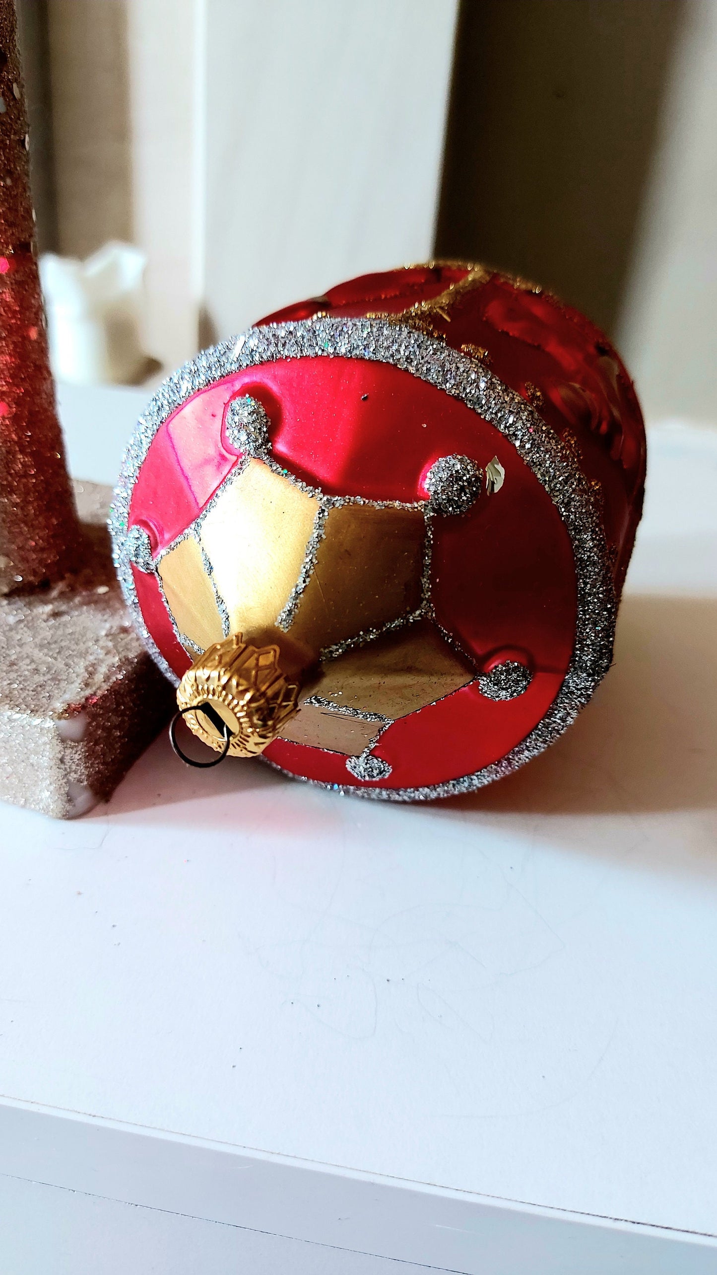 Vintage Czech Republic, Glass Blown, Hand Painted Christmas Tree Ornament - Large Carousel Red
