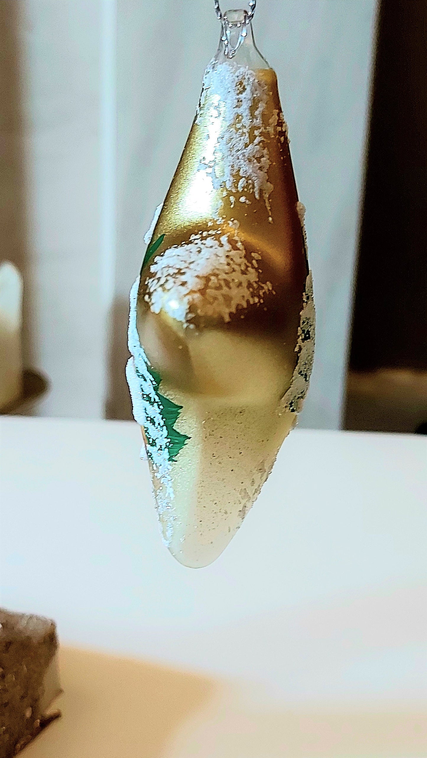 Vintage Czech Glass Christmas Ornament: Hand-Painted Gold Star, House Motif