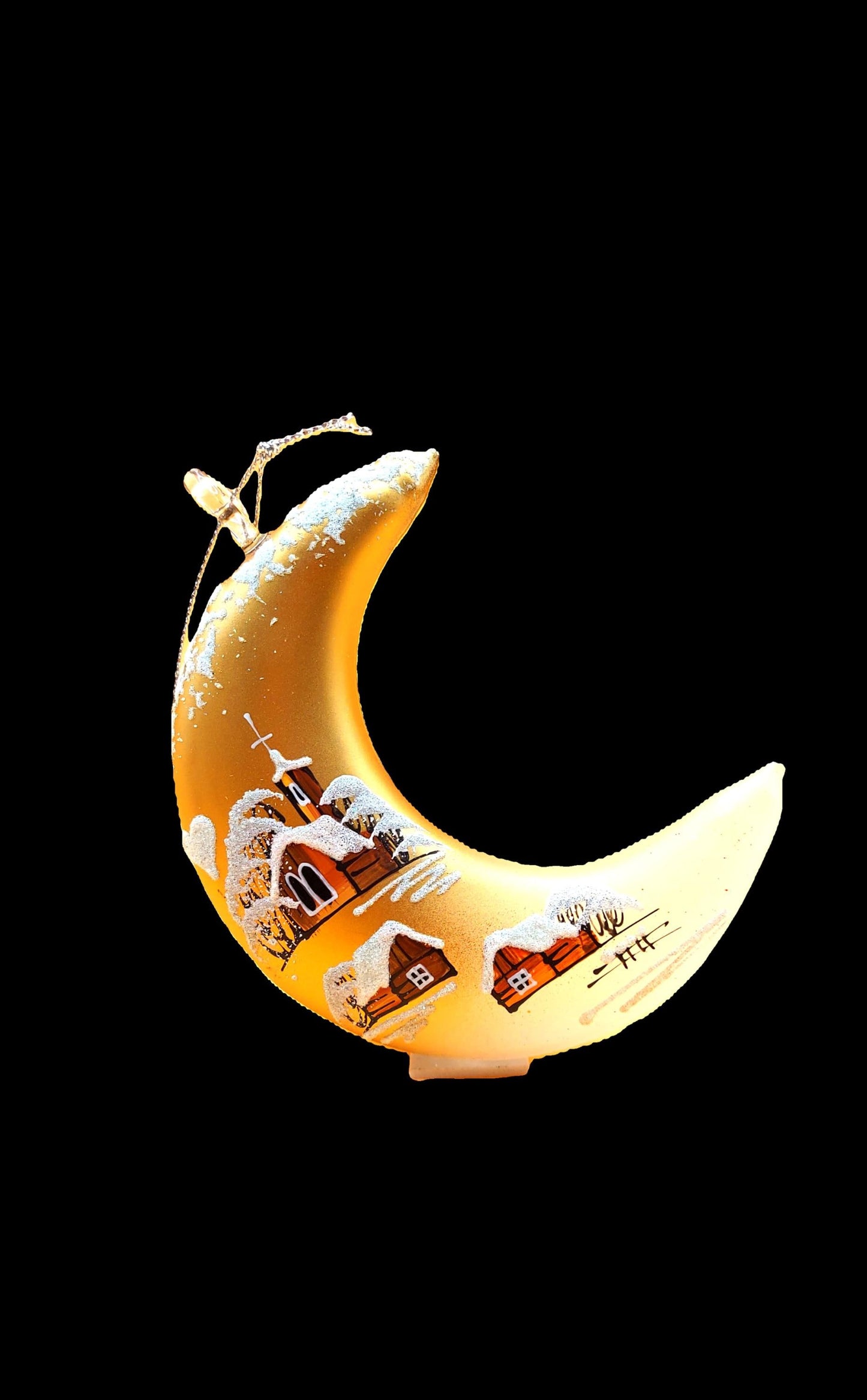 Vintage Hand Painted Glass Christmas Ornament: Czech Gold Half Moon