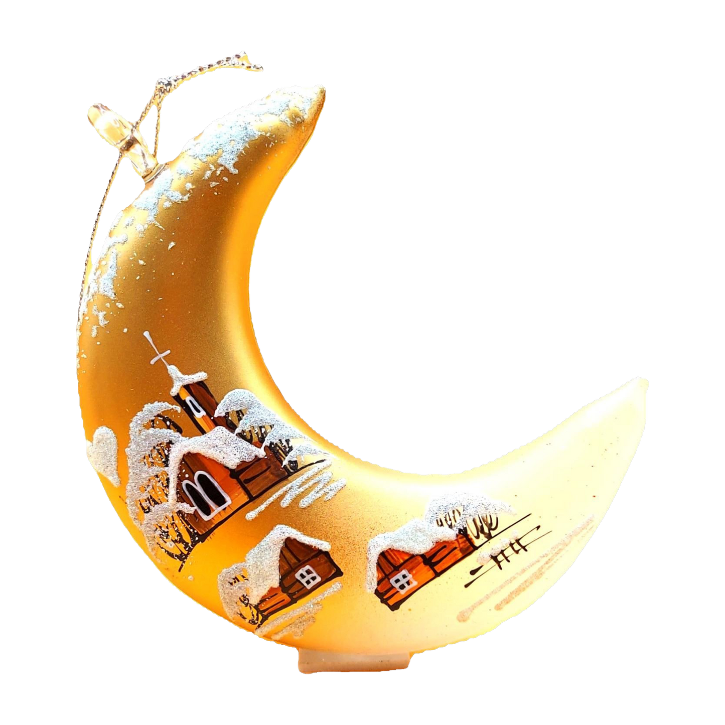 Hand Painted Glass Christmas Ornament: Czech Gold Half Moon