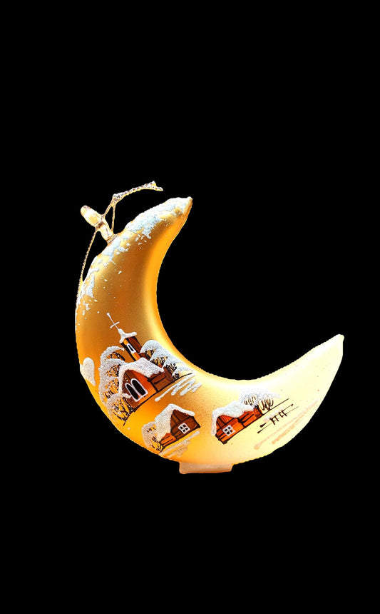 Vintage Hand Painted Glass Christmas Ornament: Czech Gold Half Moon