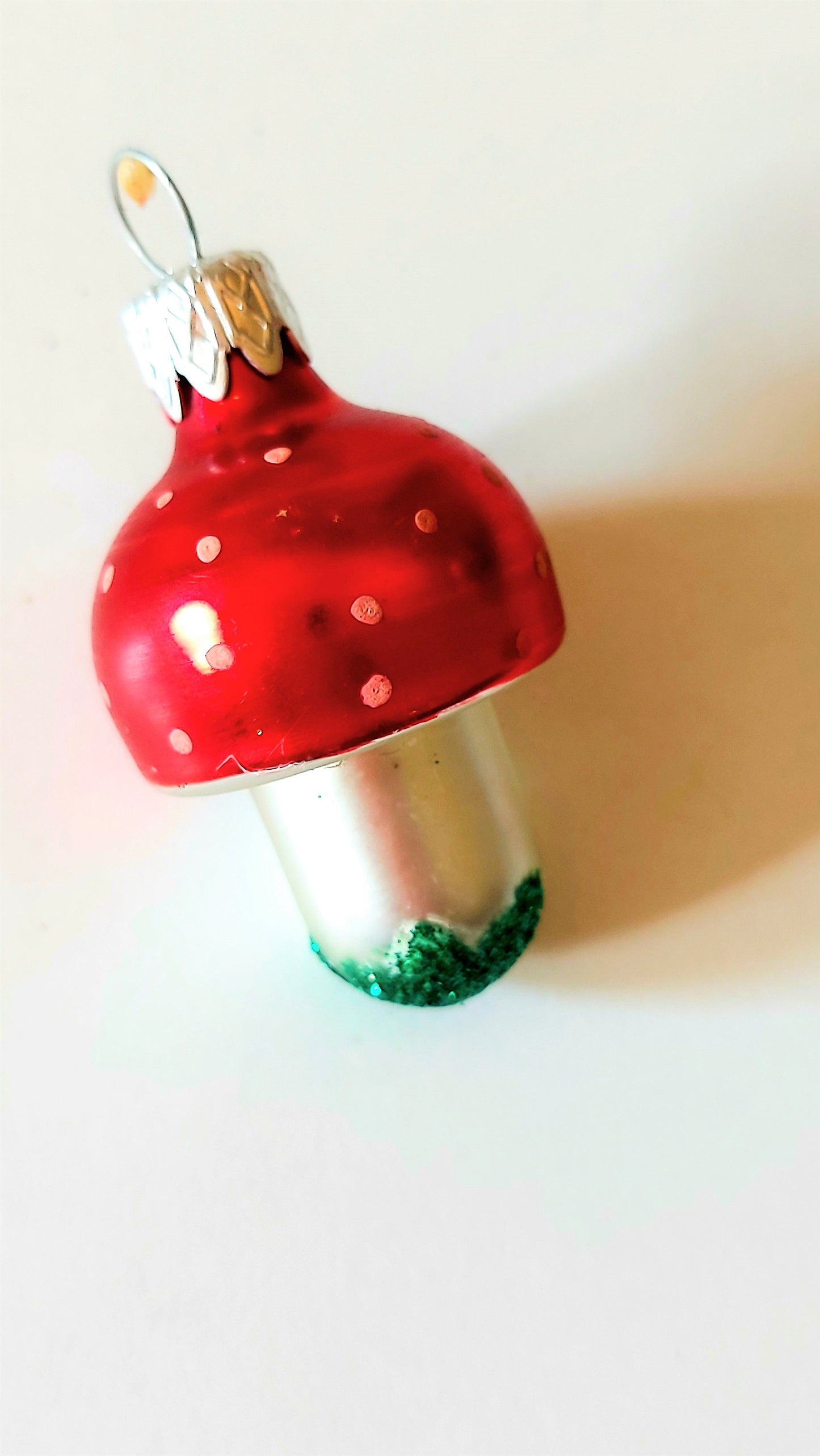 Vintage Czech Republic, Glass Blown, Hand Painted Christmas Tree Ornament - Mushroom a pair ( x 2 )