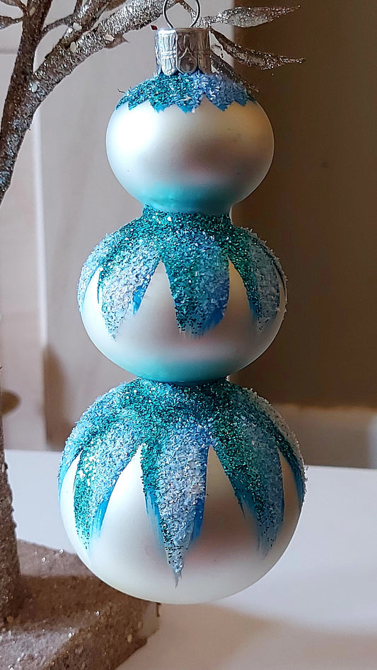 Vintage Czech Republic, Glass Blown, Hand Painted Christmas Tree Ornament - 3 Tier Snowman