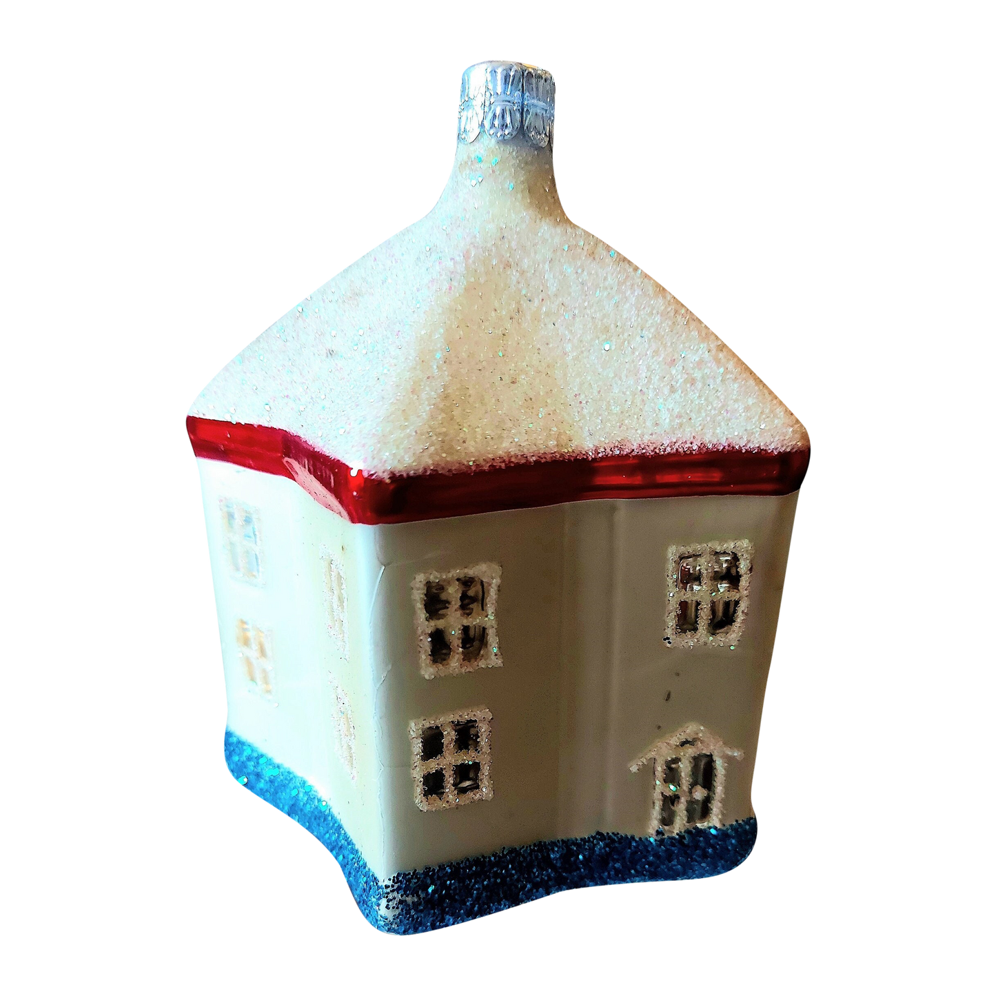 Czech Glass Christmas Ornament: Hand-Painted Glittery House