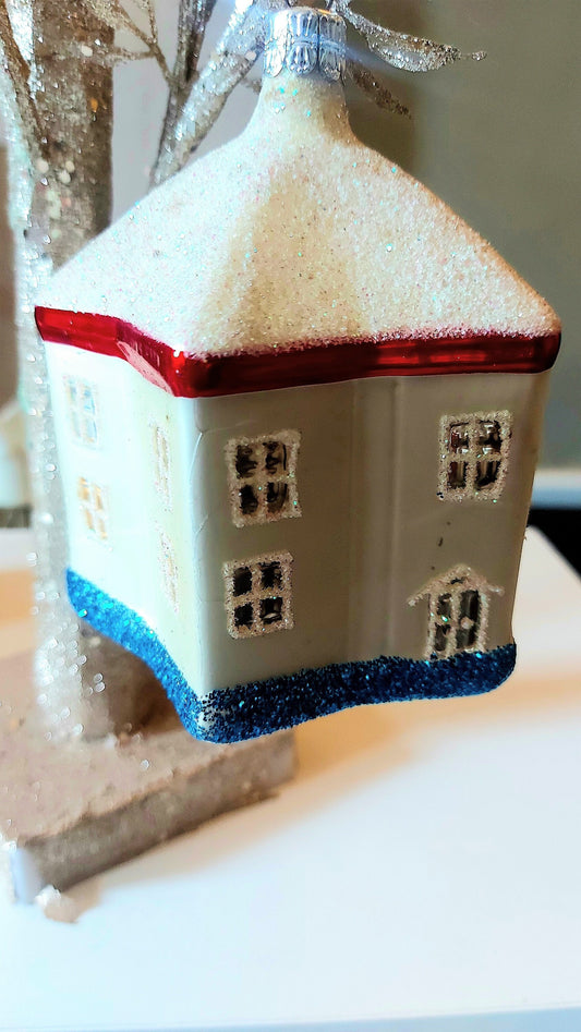 Vintage Czech Glass Christmas Ornament: Hand-Painted Glittery House