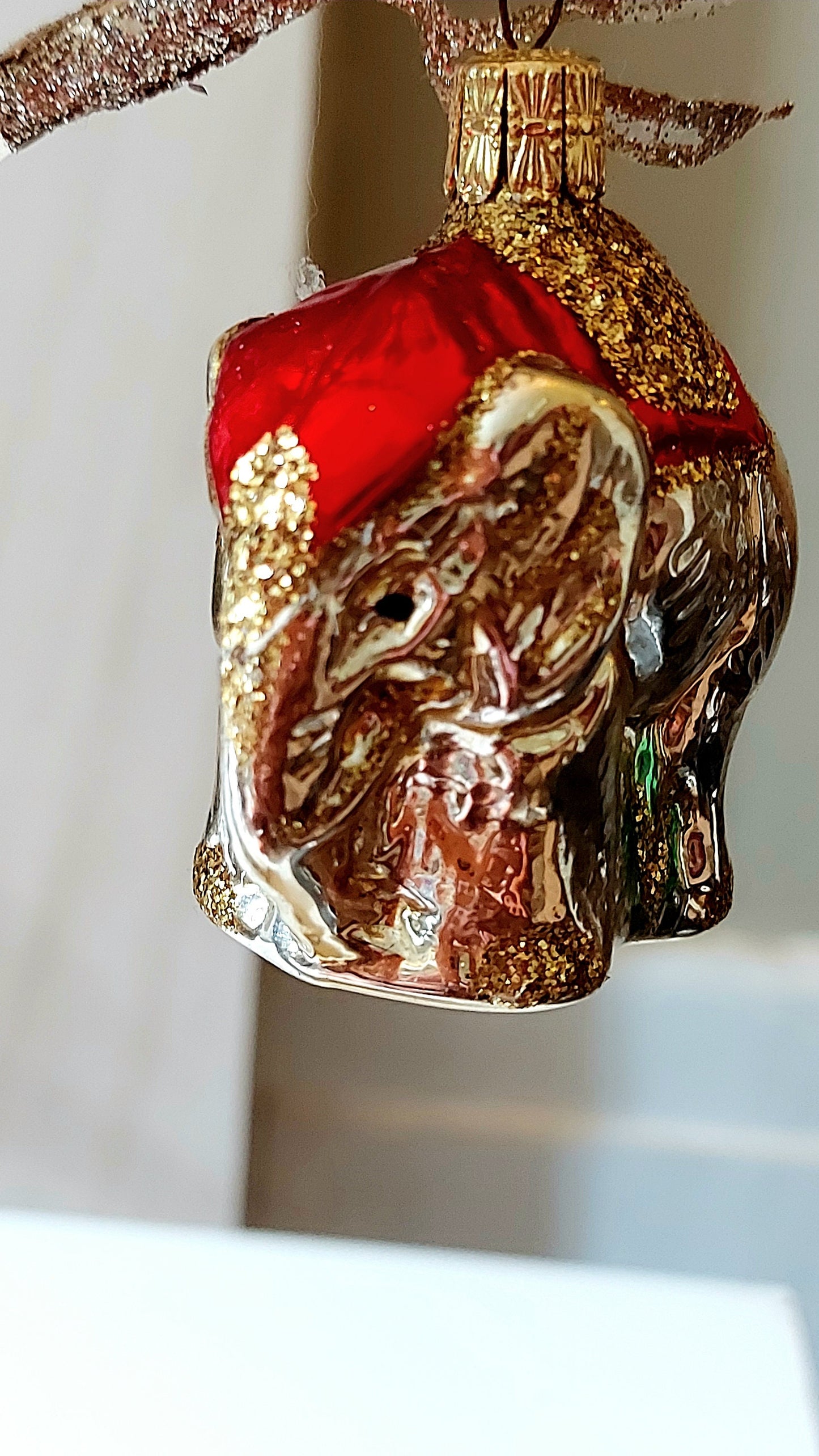 Vintage Czech Republic, Glass Blown, Hand Painted Christmas Tree Ornament - Elephant Ganesha