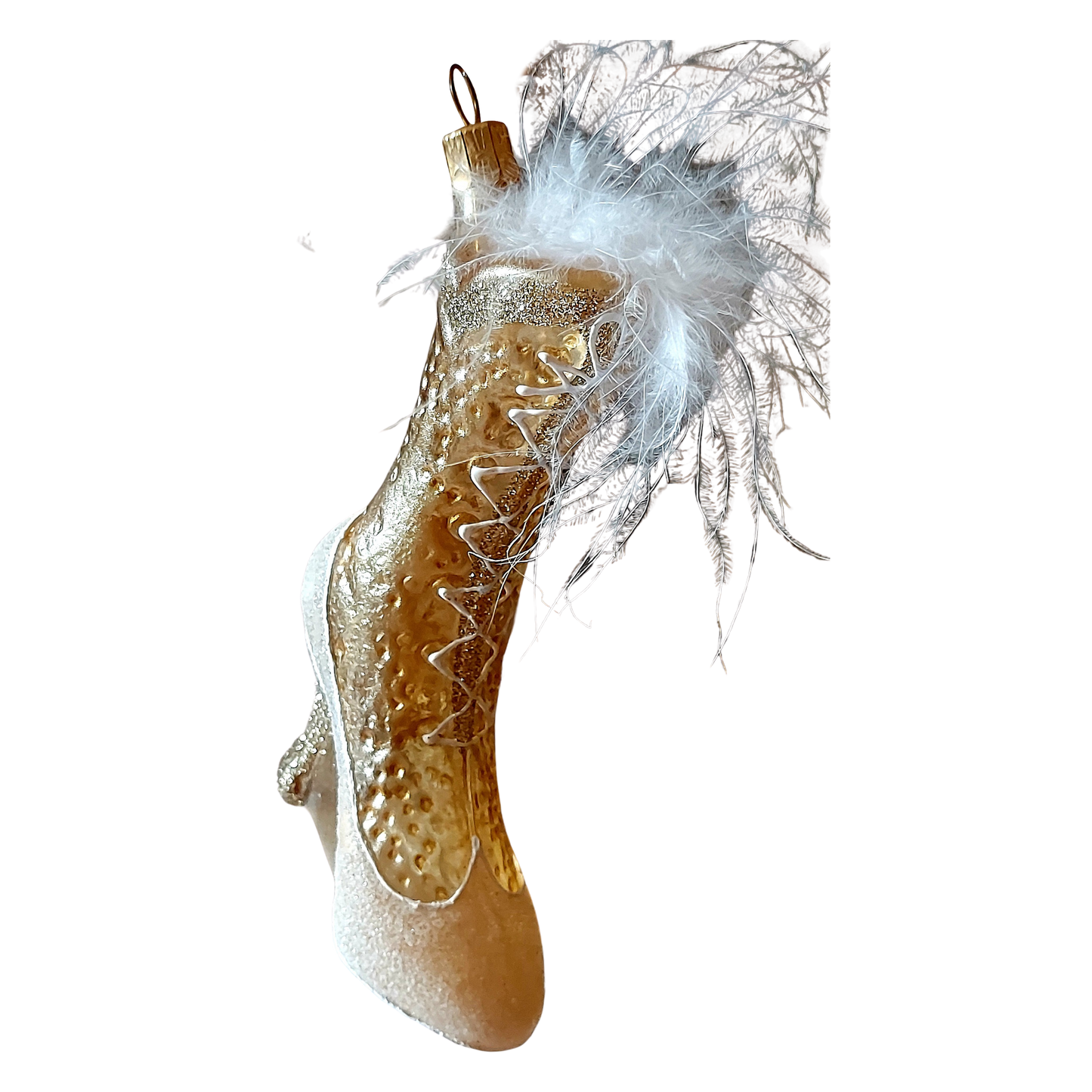 Czech Republic, Glass Blown, Hand Painted Christmas Tree Ornament - Boot Gold