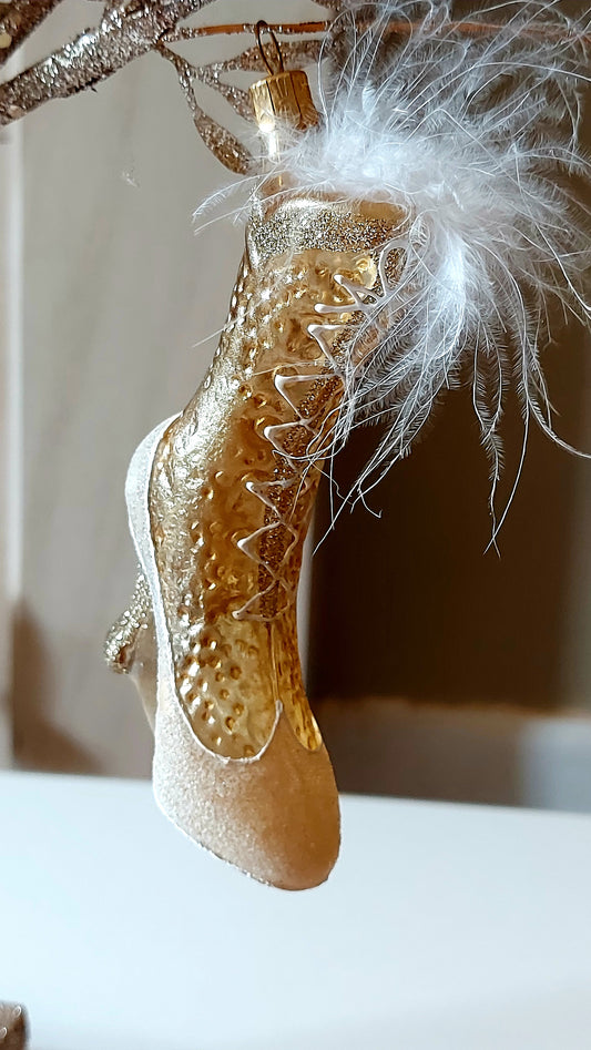 Vintage Czech Republic, Glass Blown, Hand Painted Christmas Tree Ornament - Boot Gold