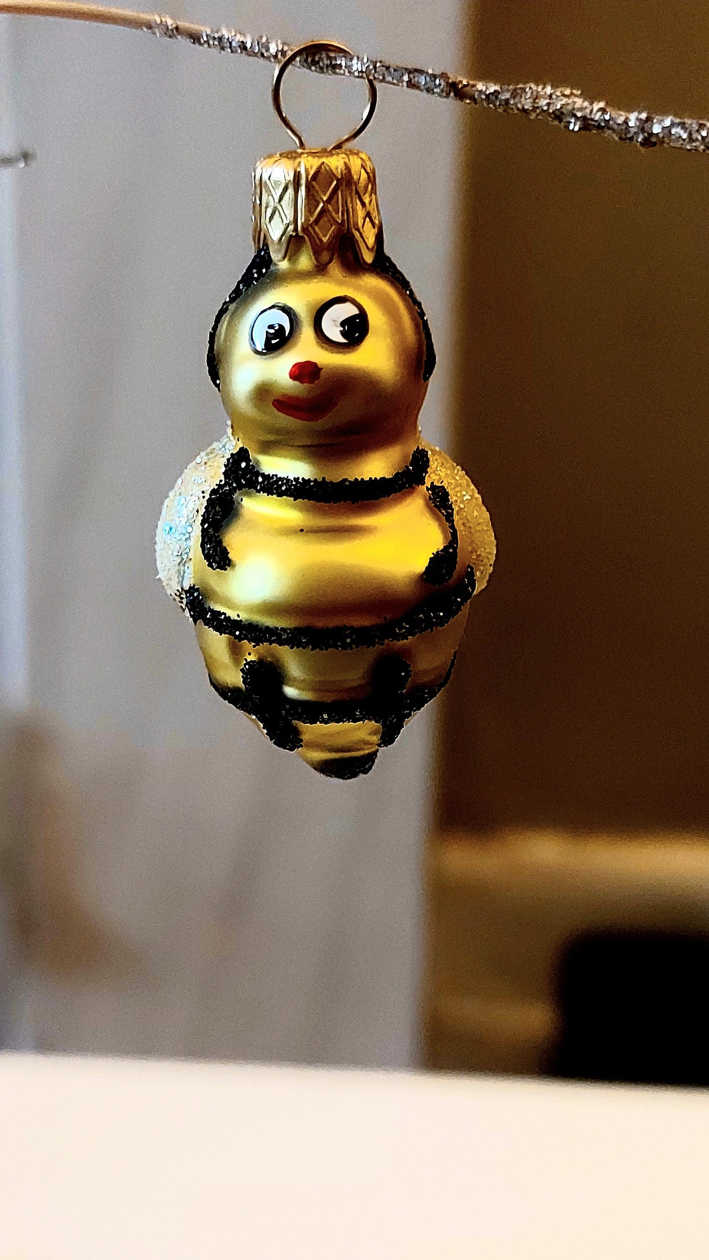 Vintage Czech Glass Bumble Bee Christmas Ornament - Hand Painted Pair