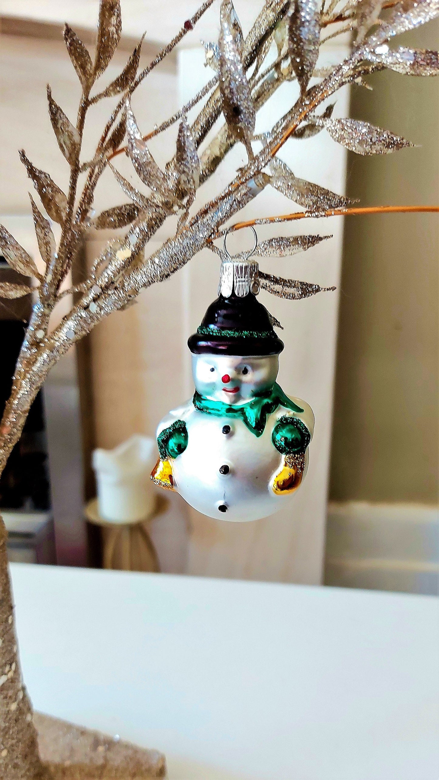 Vintage Czech Glass Snowman Christmas Ornament with Bowler Hat (Pair)