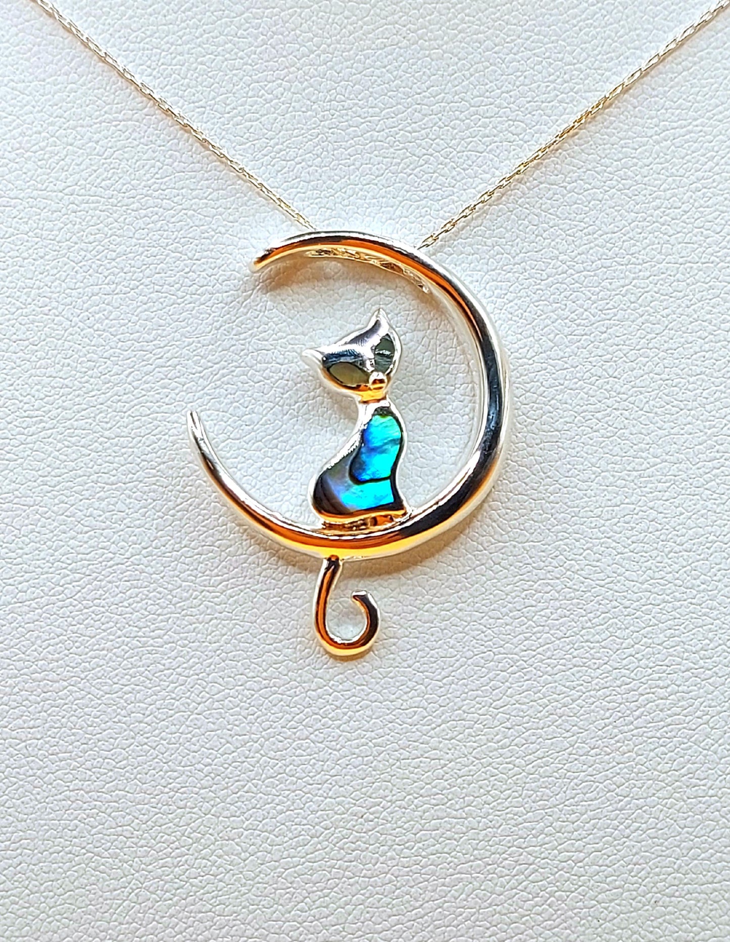 Silver Handmade Inlay Pendant Semi Precious Abalone Shell- Cat on Moon