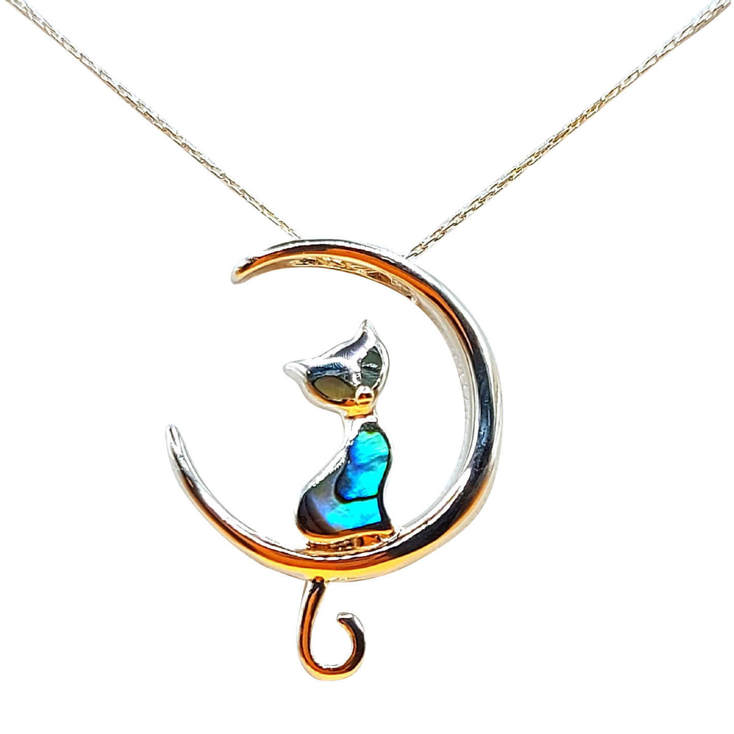 Silver Handmade Inlay Pendant Semi Precious Abalone Shell- Cat on Moon