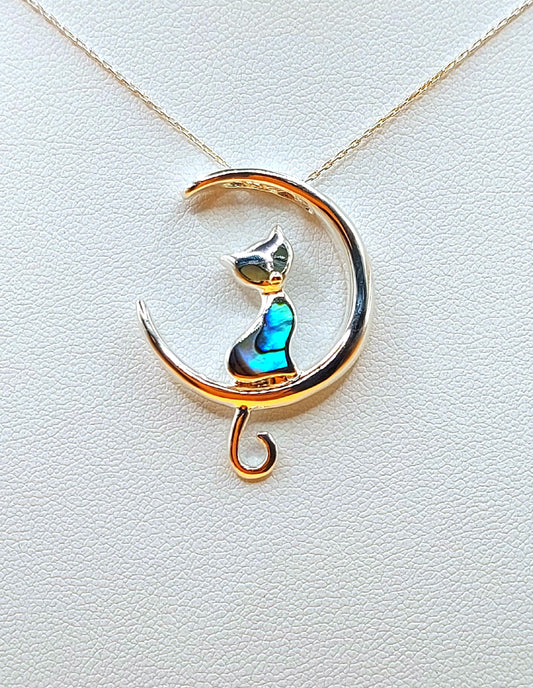 Silver Handmade Inlay Pendant Semi Precious Abalone Shell- Cat on Moon