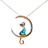 Silver Handmade Inlay Pendant Semi Precious Abalone Shell- Cat on Moon