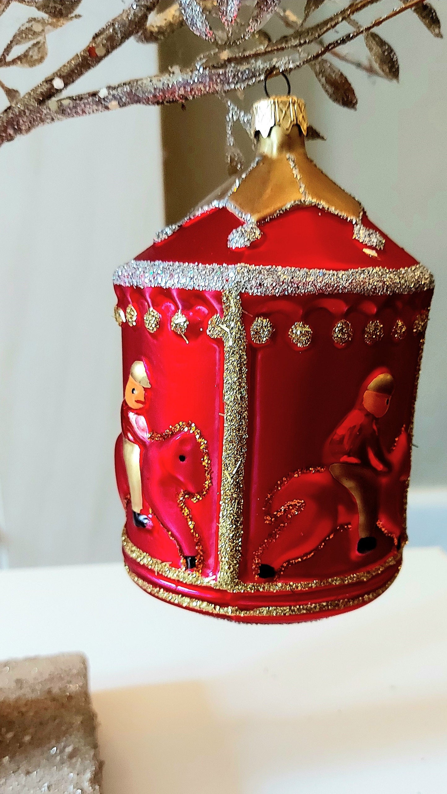 Vintage Czech Republic, Glass Blown, Hand Painted Christmas Tree Ornament - Large Carousel Red