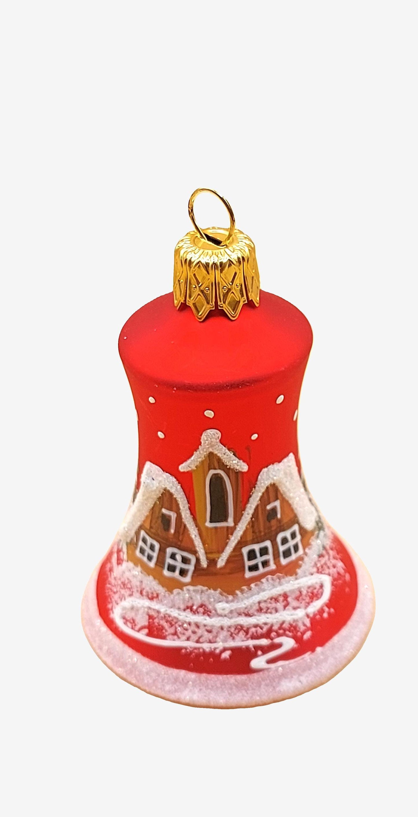 Vintage Czech Glass Christmas Bell Ornament: Hand-Painted House Motif