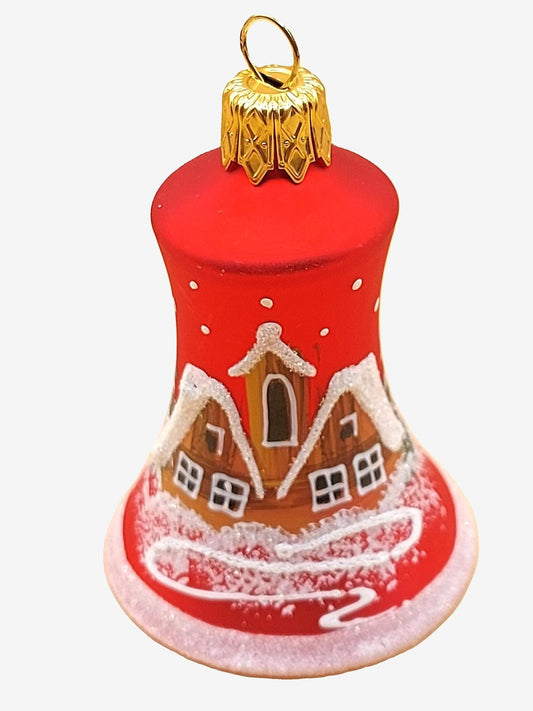 Vintage Czech Glass Christmas Bell Ornament: Hand-Painted House Motif