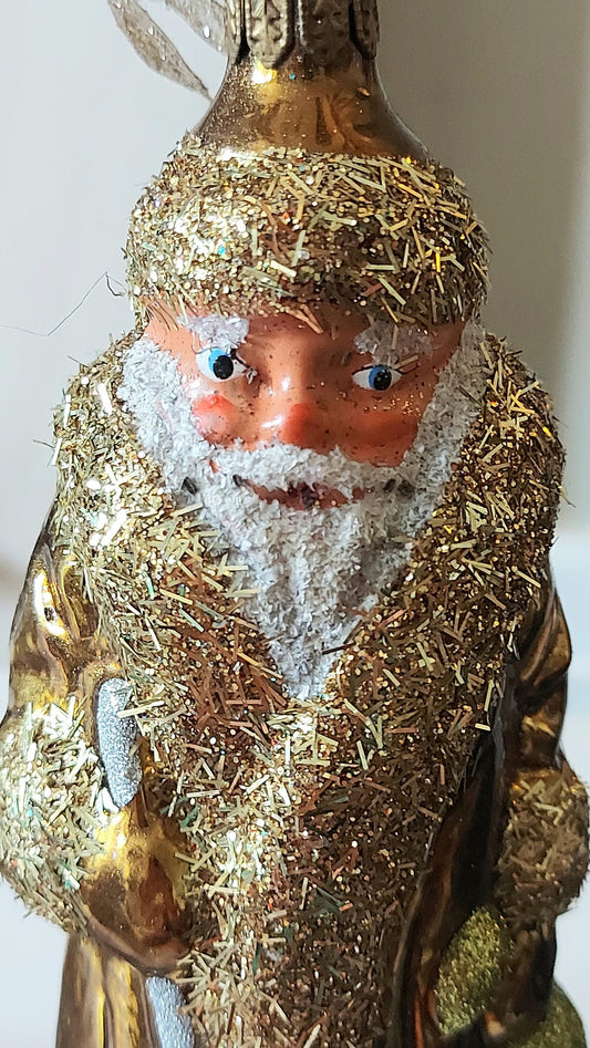 Czech Republic, Glass Blown, Hand Painted Christmas Tree Ornament - Large Santa Gold