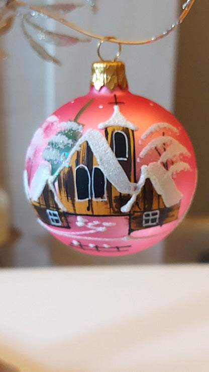 Vintage Czech Glass Christmas Ornament: Hand-Painted Pink Small Ball