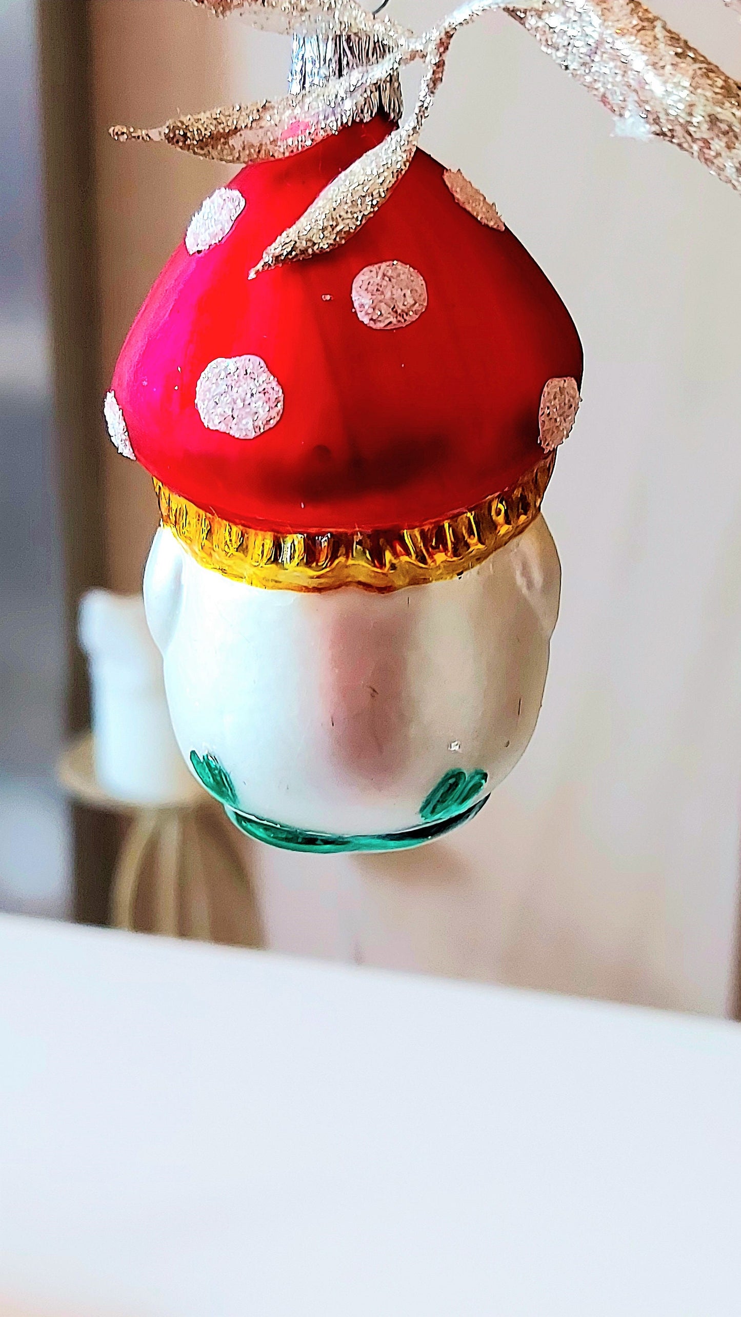 Vintage Czech Republic, Glass Blown, Hand Painted Christmas Tree Ornament - Mushroom Child