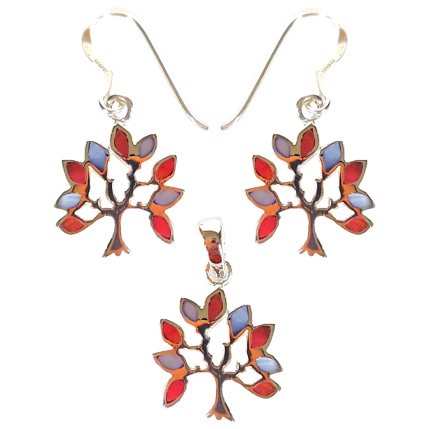 Silver Handmade Inlay Pendant/Earring Set Semi Precious Natural Shell- Tree