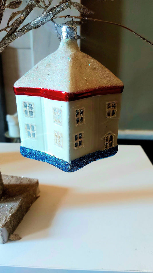 Vintage Czech Glass Christmas Ornament: Hand-Painted Glittery House