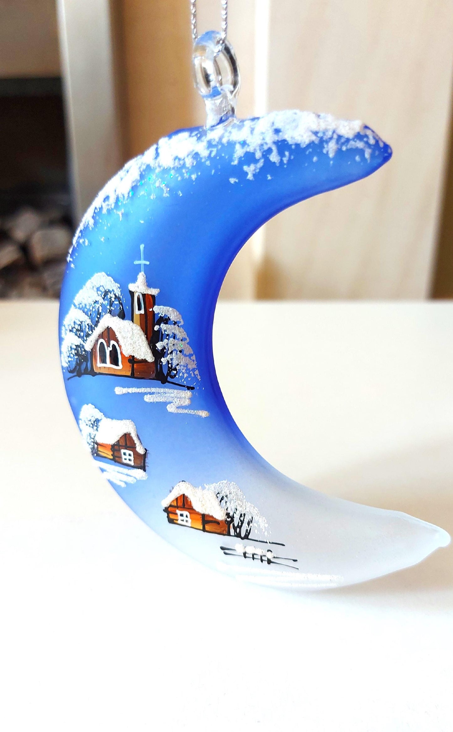Vintage Hand Painted Glass Christmas Ornament: Czech Royal Blue Half Moon