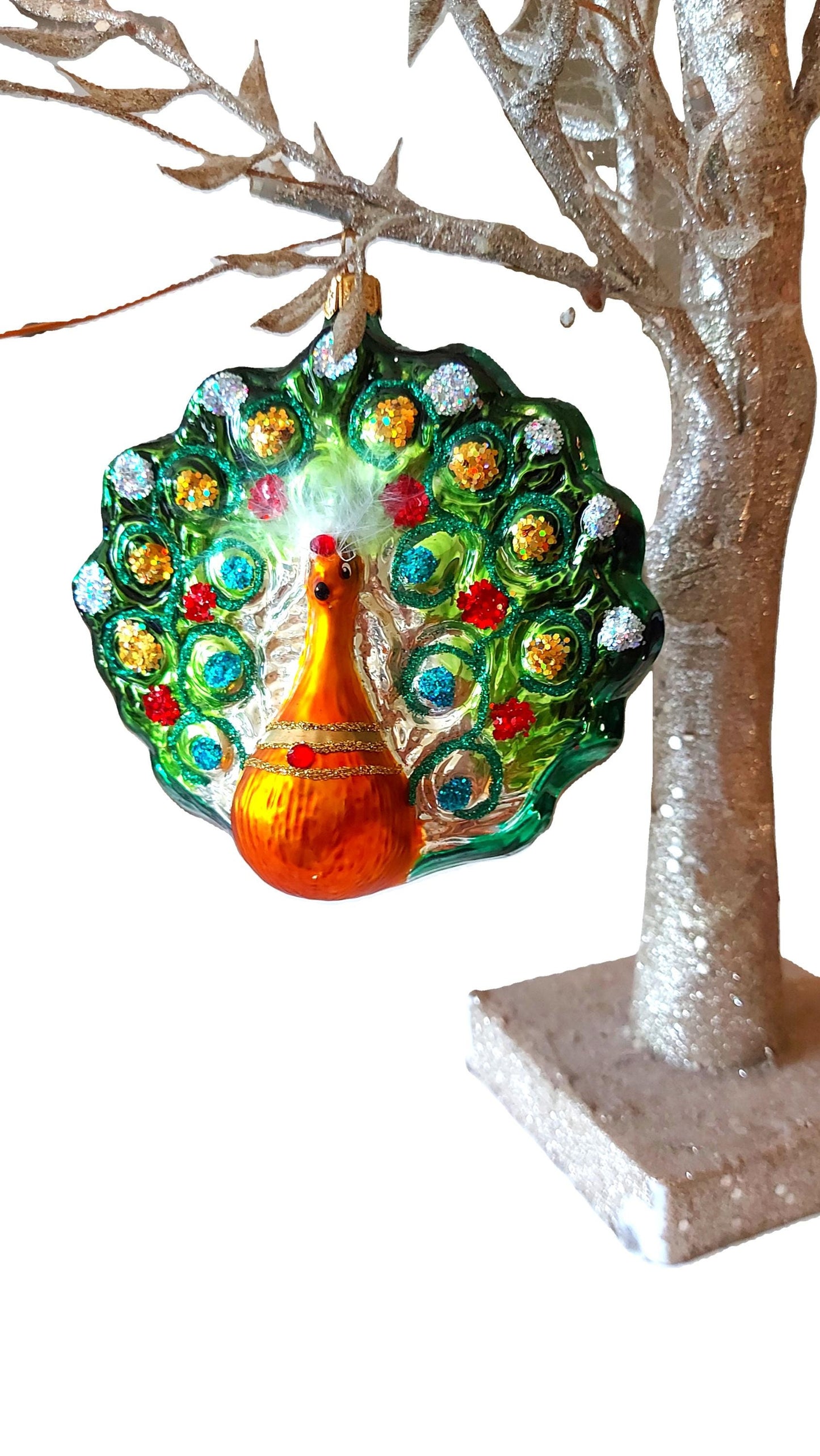 Vintage Czech Republic, Glass Blown, Hand Painted Christmas Tree Ornament - Peacock Green