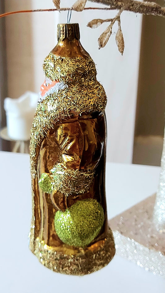 Vintage Czech Republic, Glass Blown, Hand Painted Christmas Tree Ornament - Large Santa Gold