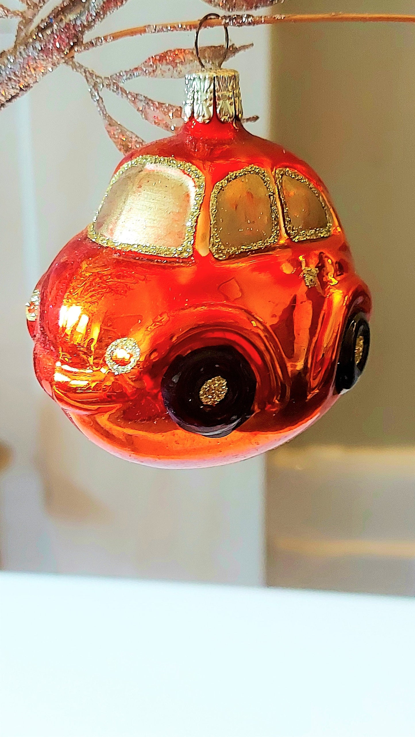 Vintage Czech Republic, Glass Blown, Hand Painted Christmas Tree Ornament - Car