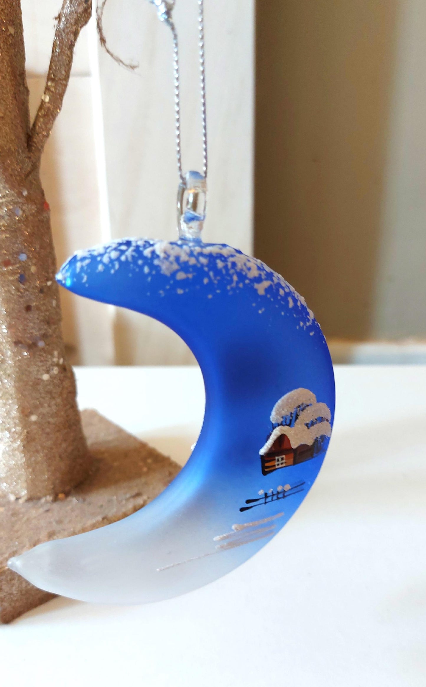 Vintage Hand Painted Glass Christmas Ornament: Czech Royal Blue Half Moon