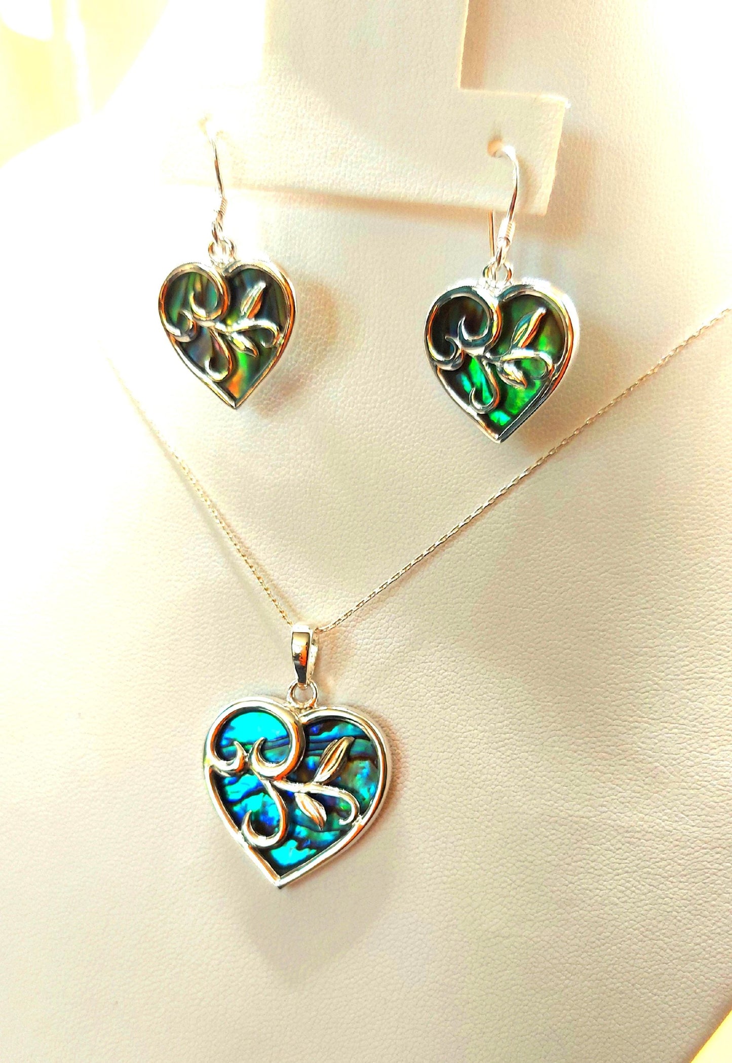 Silver Handmade Inlay Pendant/Earring Set Semi Precious Abalone Shell- Heart