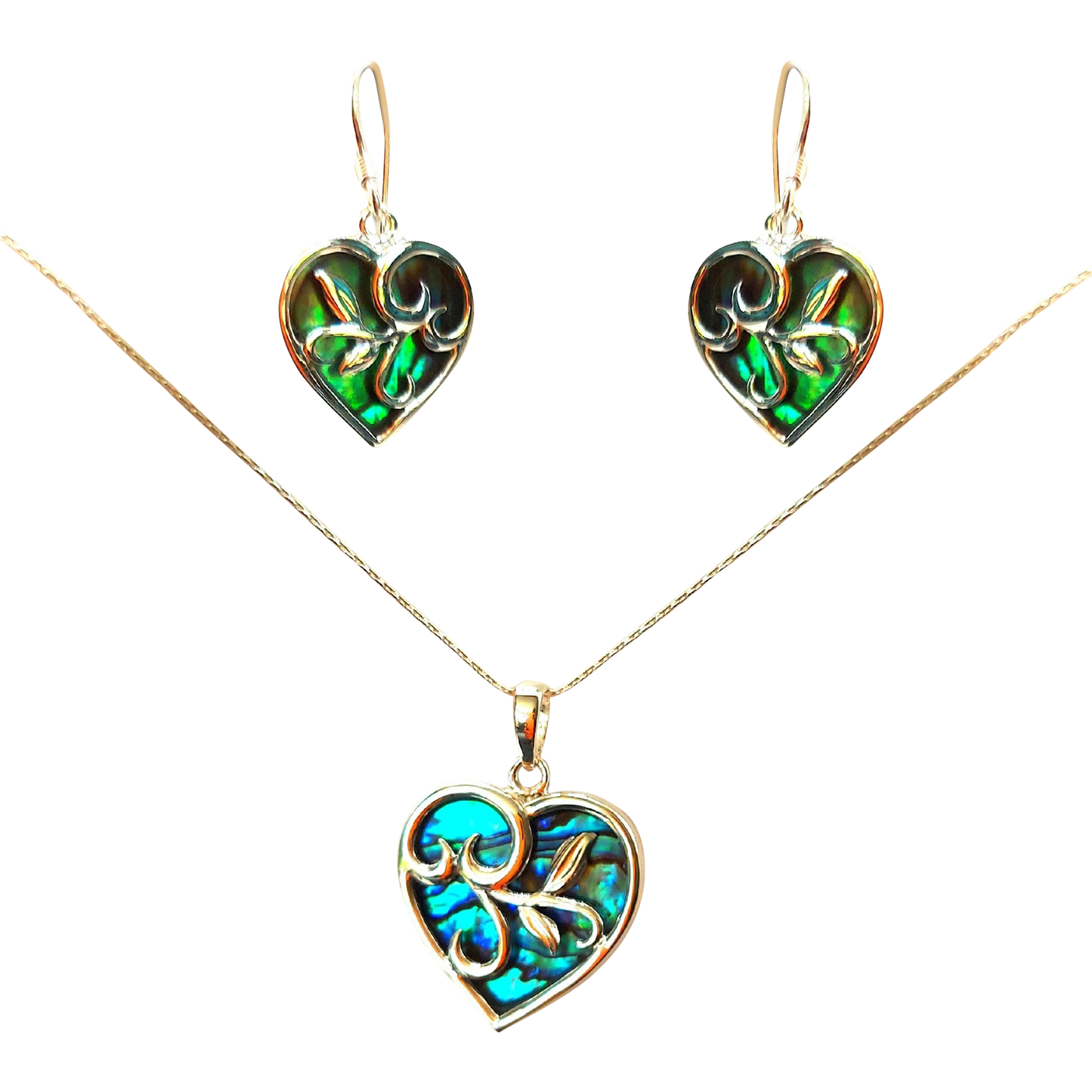 Silver Handmade Inlay Pendant/Earring Set Semi Precious Abalone Shell- Heart