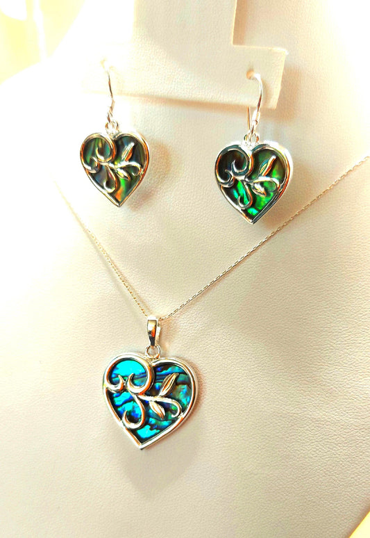 Silver Handmade Inlay Pendant/Earring Set Semi Precious Abalone Shell- Heart