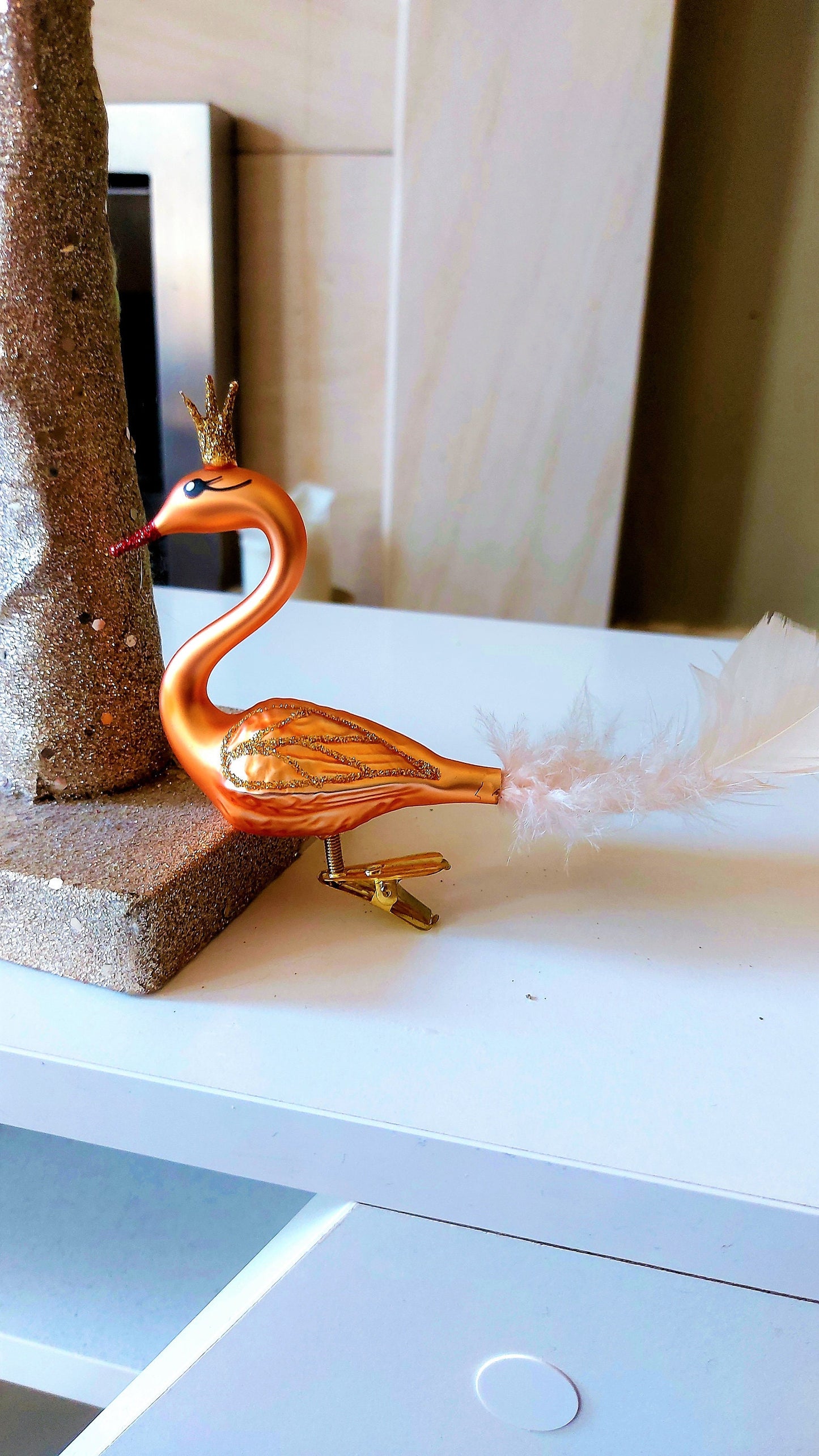 Vintage Czech Republic, Glass Blown, Hand Painted Christmas Tree Ornament - Swan with clip
