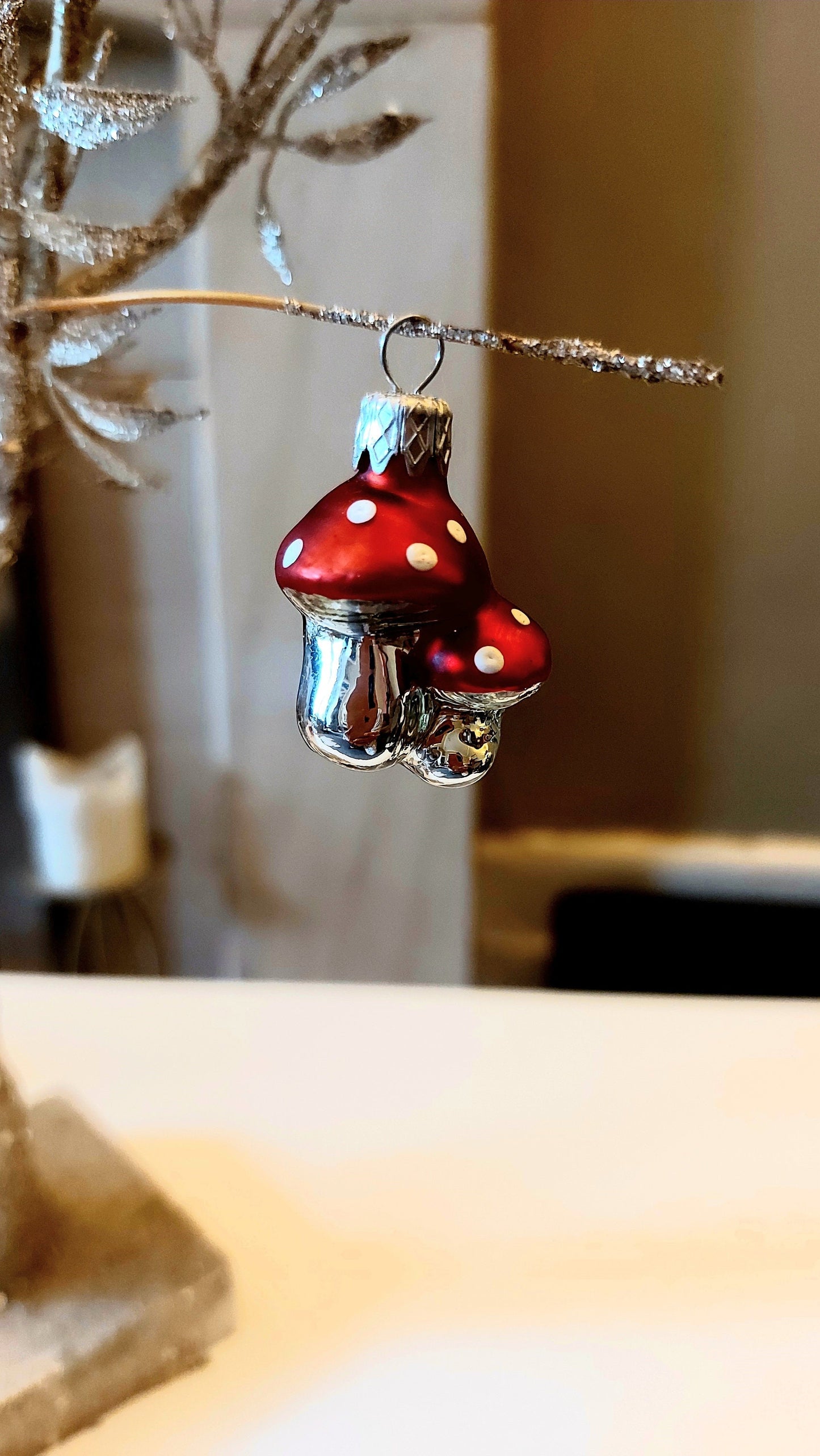 Vintage Czech Glass Mushroom Christmas Ornament: Hand-Painted Pair