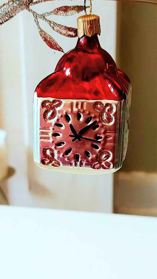 Vintage Czech Republic, Glass Blown, Hand Painted Christmas Tree Ornament - Clock