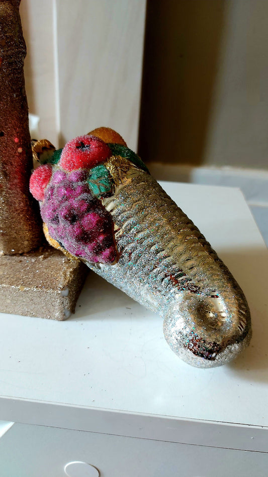 Czech Republic, Glass Blown, Hand Painted Christmas Tree Ornament - Large Fruit Cone Silver