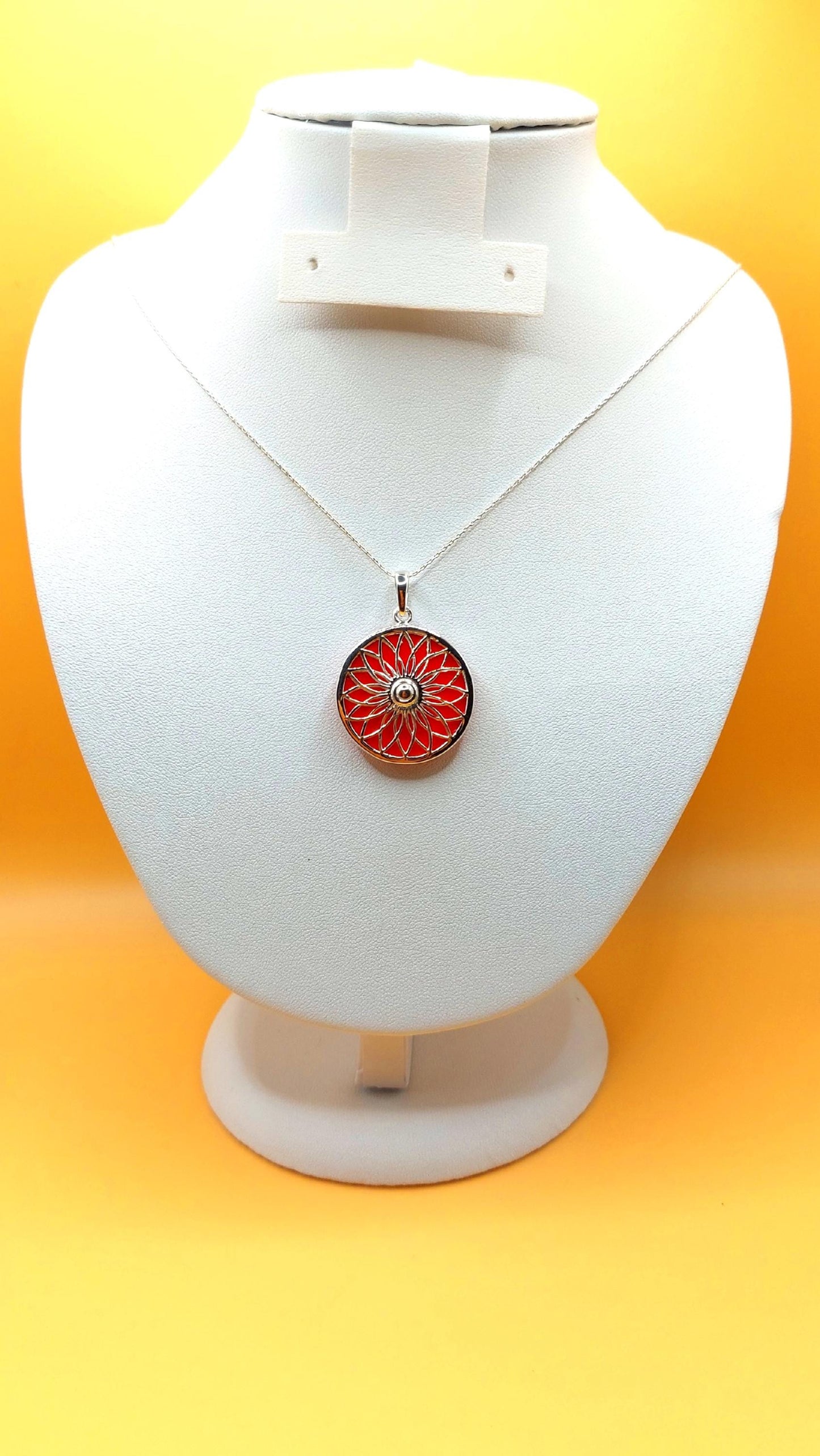 Silver Handmade Inlay Pendant Semi Precious Abalone Shell- Red Circle
