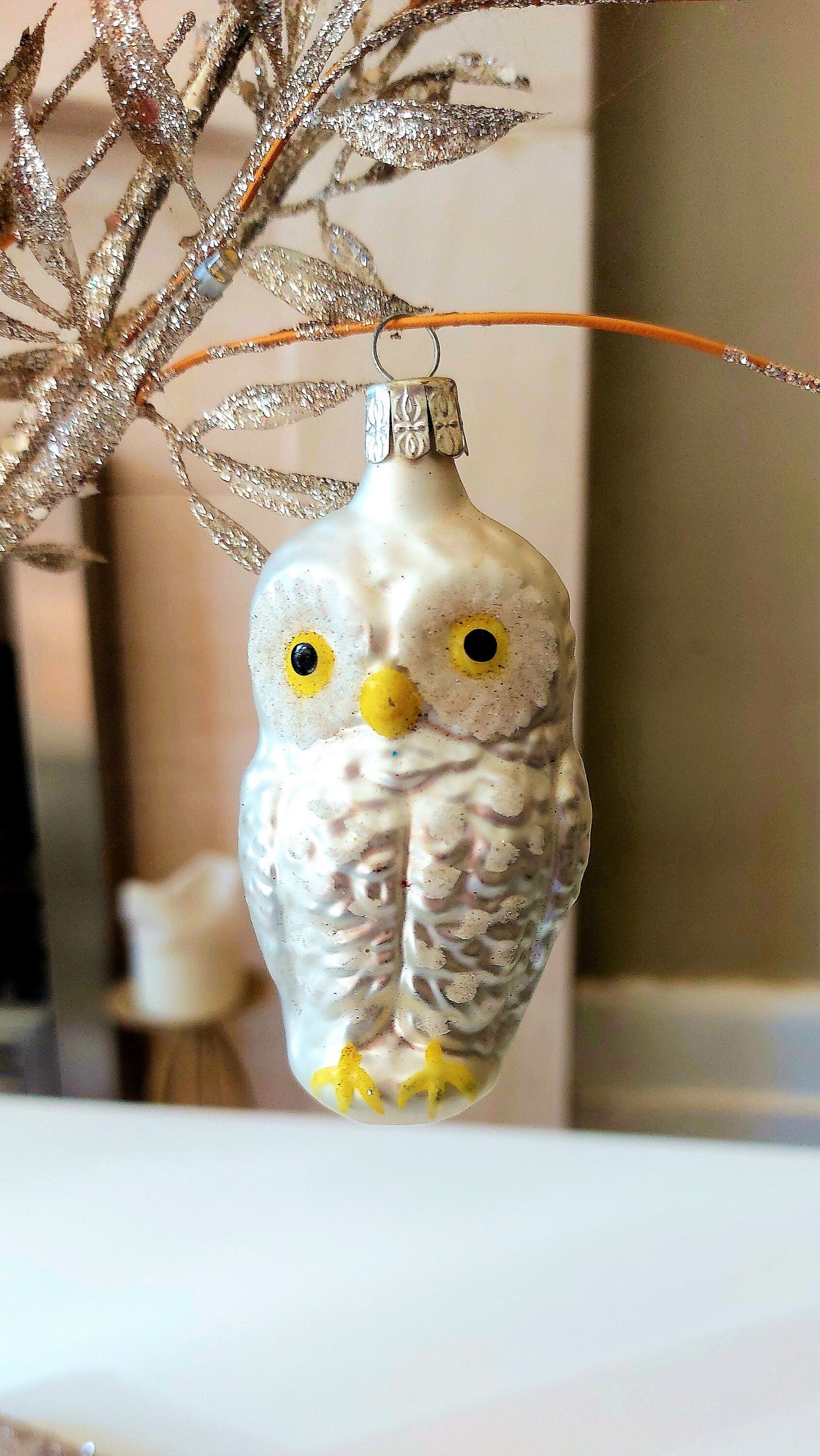 Vintage Czech Republic, Glass Blown, Hand Painted Christmas Tree Ornament - Owl