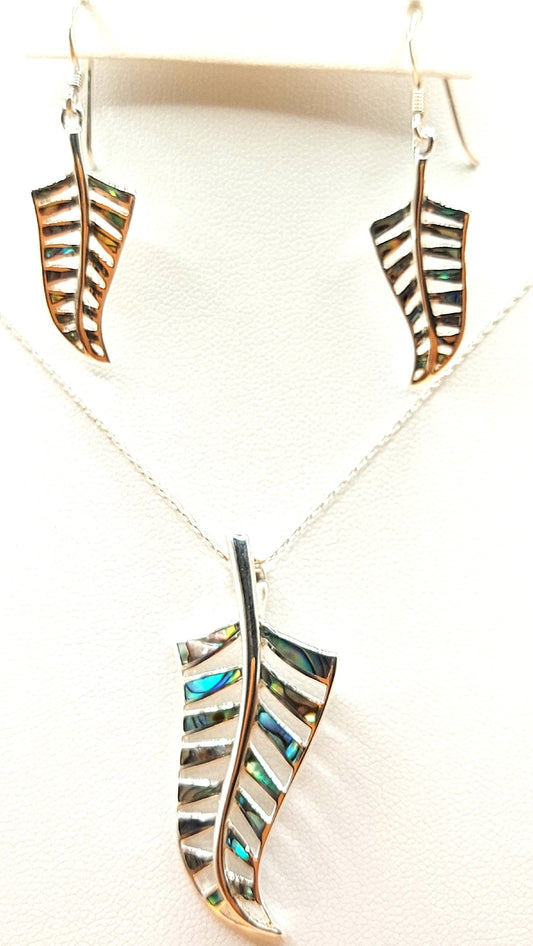 Silver Handmade Inlay Pendant/Earring Set Semi Precious Abalone Shell- Leaf