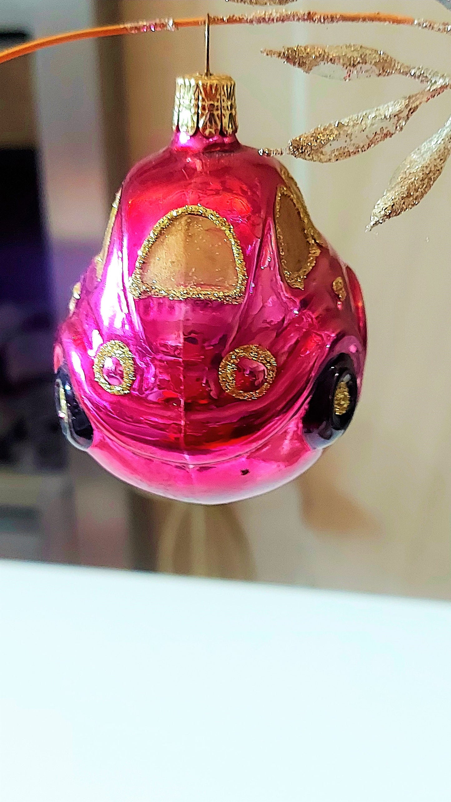 Vintage Czech Republic, Glass Blown, Hand Painted Christmas Tree Ornament - Car