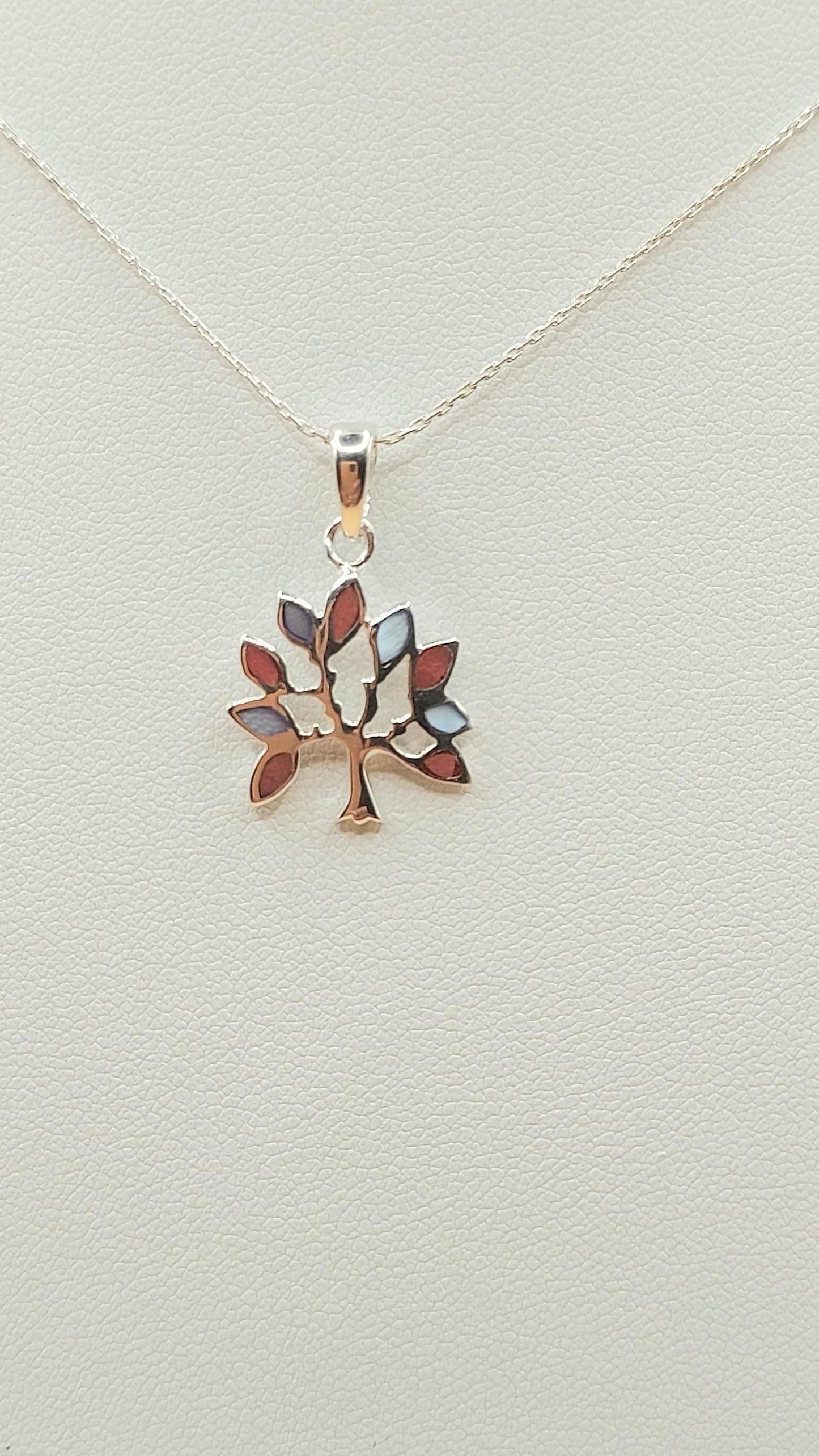 Silver Handmade Inlay Pendant Semi Precious Natural Shell- Tree